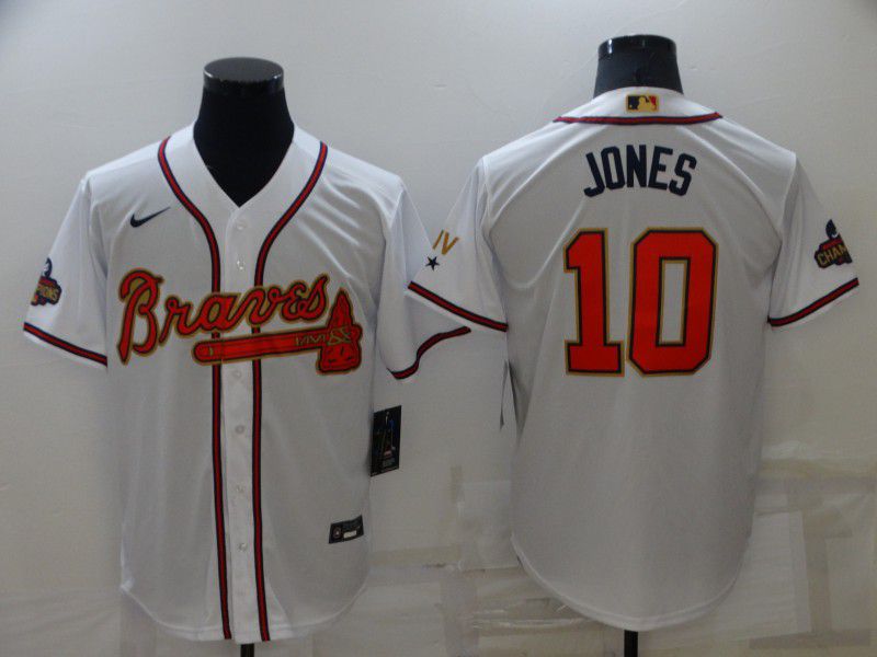 Men Atlanta Braves 10 Jones White Gold Game Nike 2022 MLB Jersey
